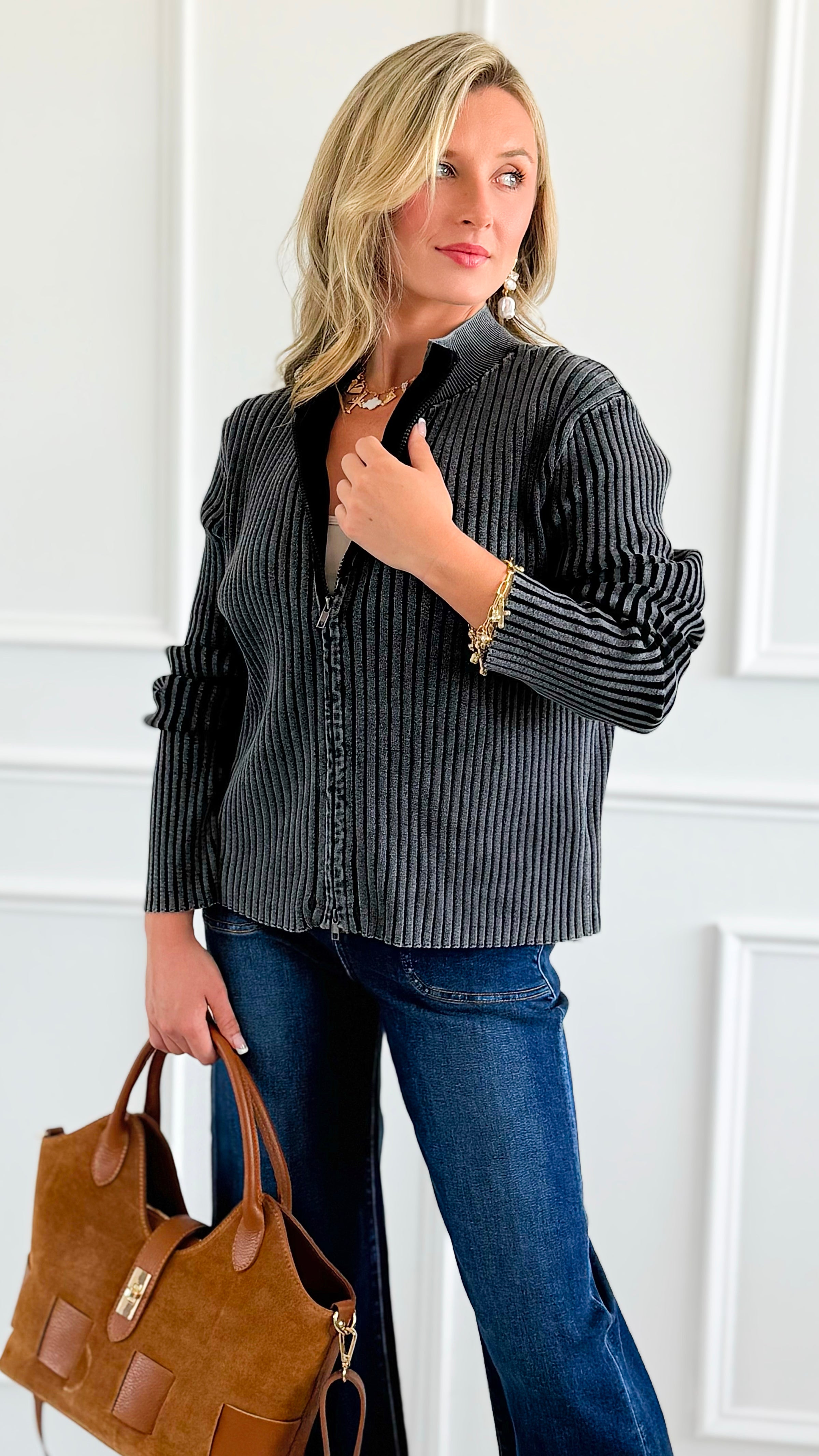 City Lines Ribbed Zip Cardigan - Black-150 Cardigans/Layers-Zenana-Coastal Bloom Boutique, find the trendiest versions of the popular styles and looks Located in Indialantic, FL