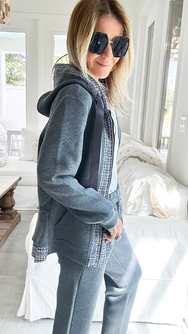 Faiza French Scuba Jacket with Tweed - Charcoal-160 Jackets-Joh Apparel-Coastal Bloom Boutique, find the trendiest versions of the popular styles and looks Located in Indialantic, FL
