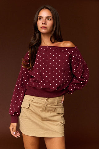 Polka Dot Off-Shoulder Top - Burgundy