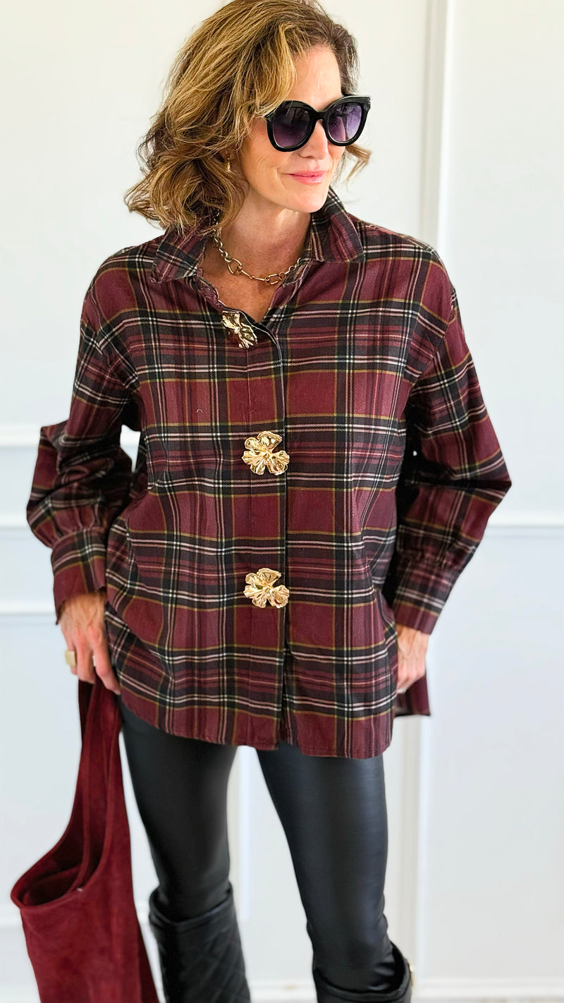 Plaid Petals Corduroy Italian Blouse-110 Long Sleeve Tops-TATTOO Z-Coastal Bloom Boutique, find the trendiest versions of the popular styles and looks Located in Indialantic, FL