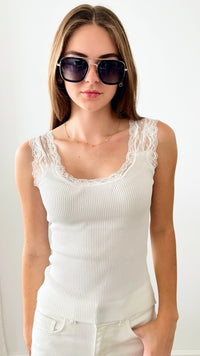 Lace Ribbed Italian Cami - White-100 Sleeveless Tops-Germany-Coastal Bloom Boutique, find the trendiest versions of the popular styles and looks Located in Indialantic, FL
