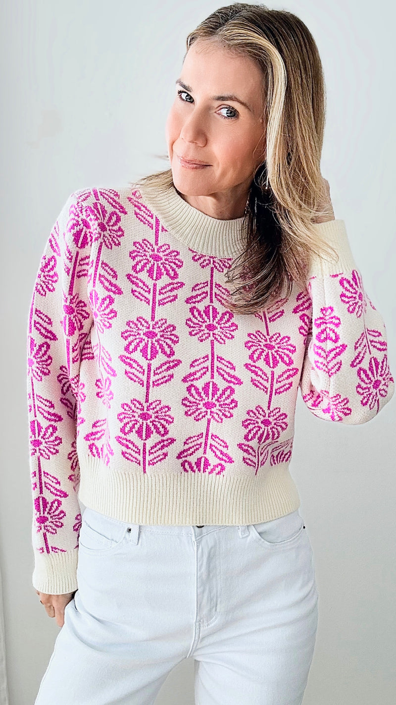 Floral Print Knit Sweater - Electric Orchid-140 Sweaters-&MERCI-Coastal Bloom Boutique, find the trendiest versions of the popular styles and looks Located in Indialantic, FL