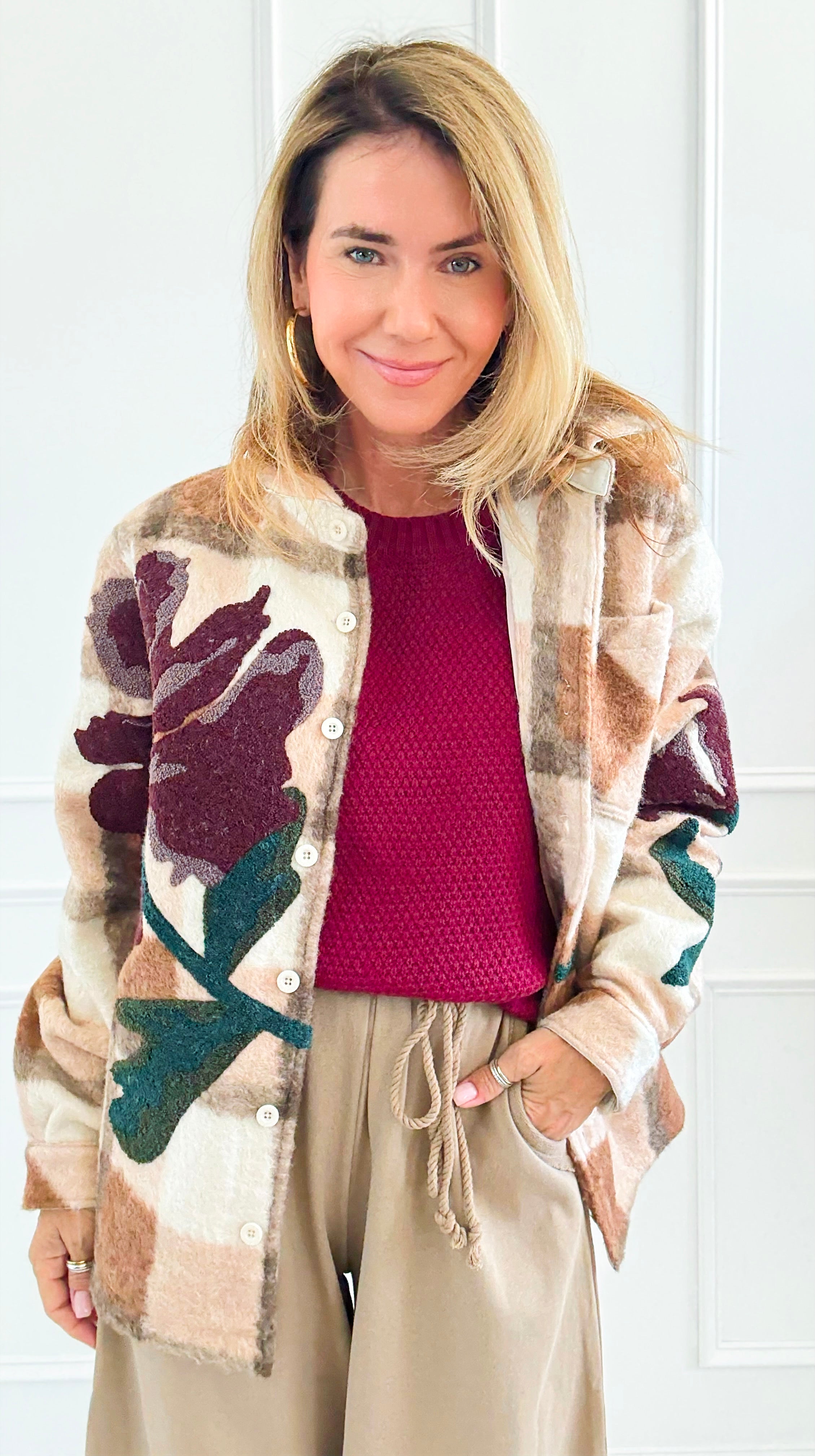 Midwest Bloom Oversized Patch Shacket-160 Jackets-SMOKE RISE RED-Coastal Bloom Boutique, find the trendiest versions of the popular styles and looks Located in Indialantic, FL