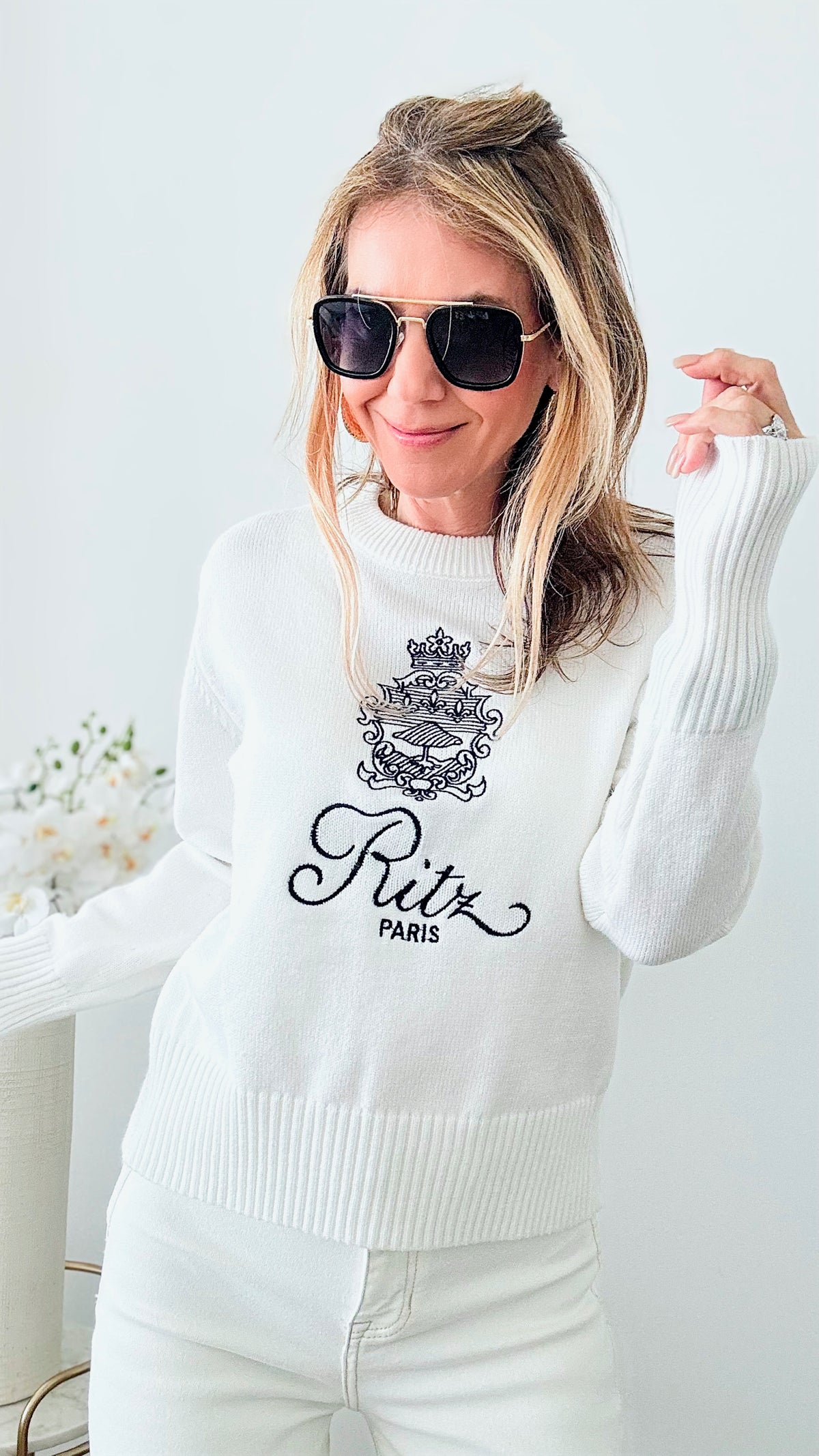 Paris Embroidery Knit Sweater- White-130 Long Sleeve Tops-Chasing Bandits-Coastal Bloom Boutique, find the trendiest versions of the popular styles and looks Located in Indialantic, FL