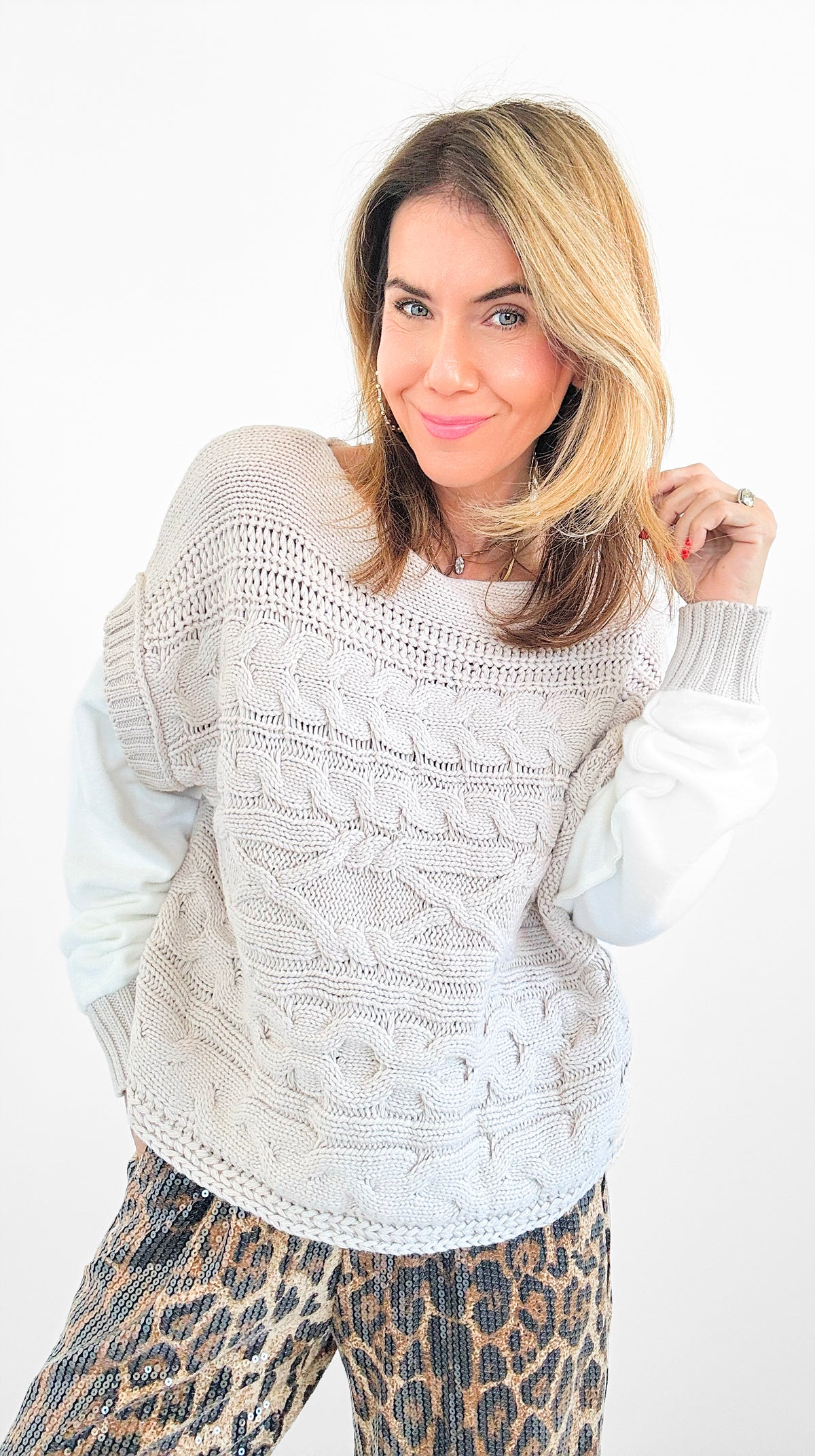 Contrast Cable Knit Sweater- Beige-140 Sweaters-MIRACLE-Coastal Bloom Boutique, find the trendiest versions of the popular styles and looks Located in Indialantic, FL