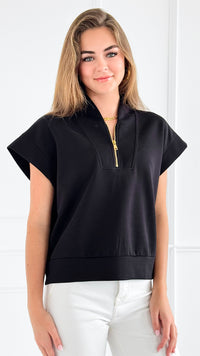 Zip-Up Scuba Short Sleeve Sweatshirt - Black-110 Short Sleeve Tops-BucketList-Coastal Bloom Boutique, find the trendiest versions of the popular styles and looks Located in Indialantic, FL