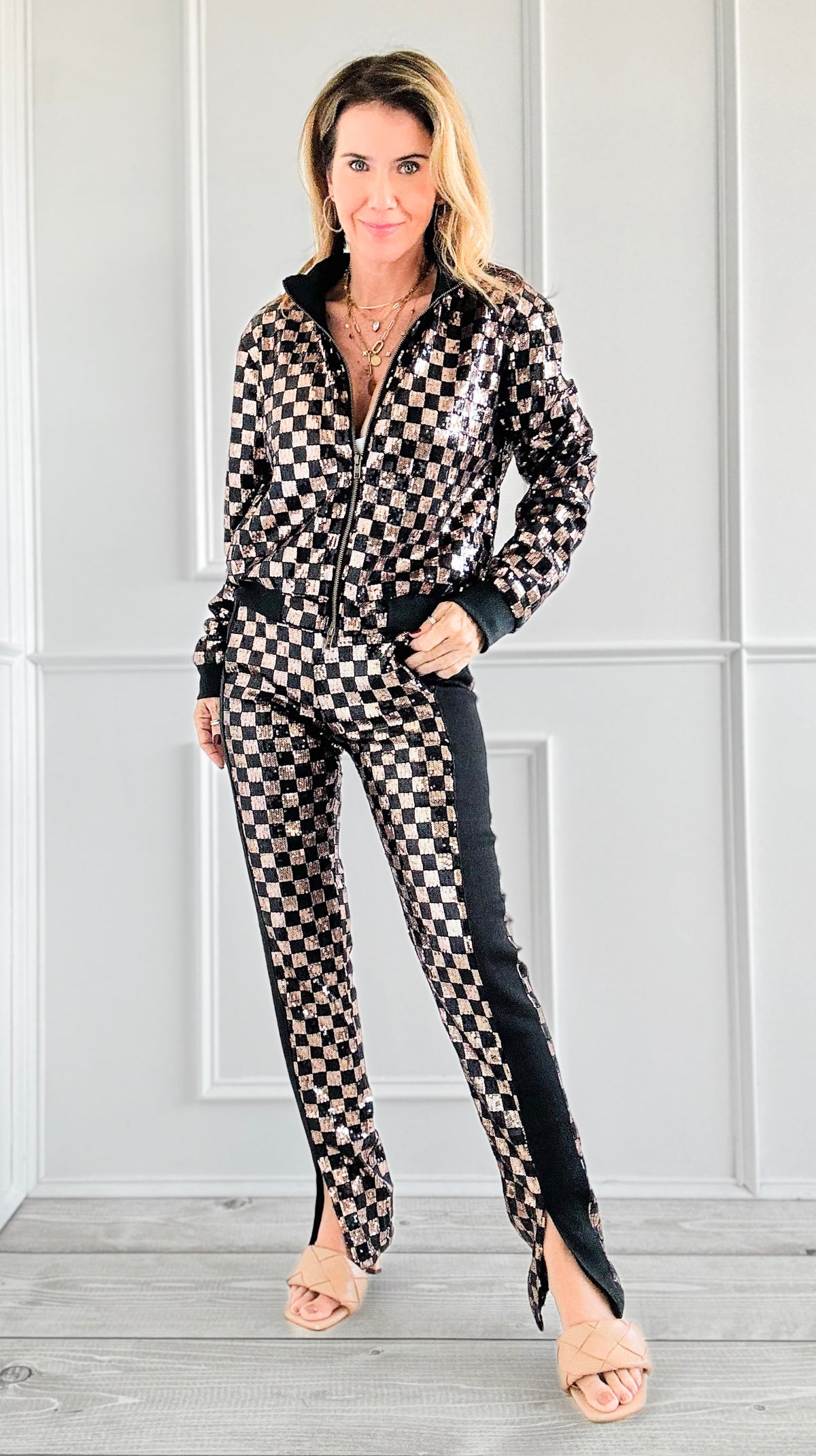 Checkered Sequin Jacket and Pants Set-210 Loungewear/Sets-Rousseau-Coastal Bloom Boutique, find the trendiest versions of the popular styles and looks Located in Indialantic, FL