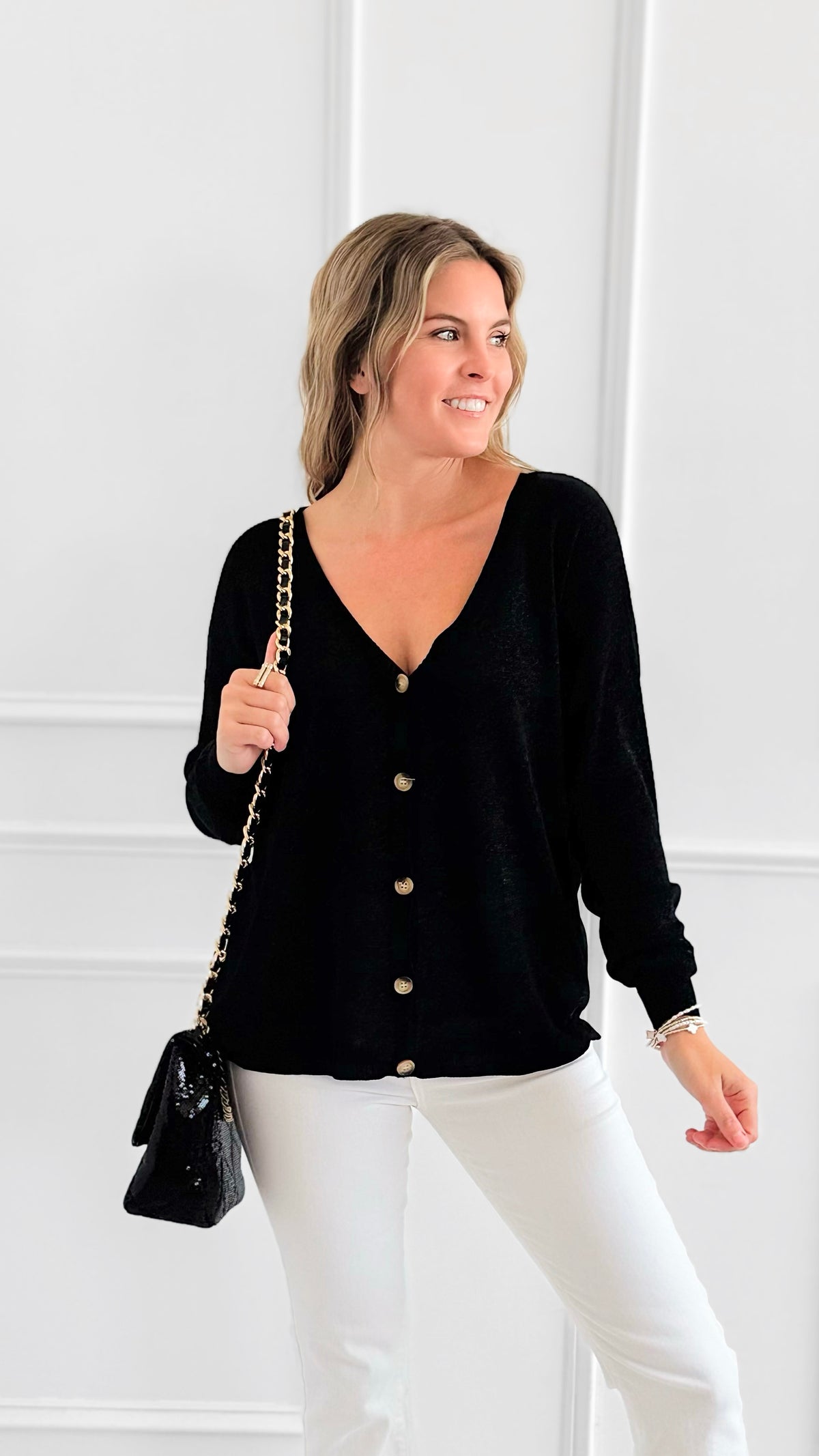 Lurex Aura Italian Cardigan-Black-150 Cardigans/Layers-LY PARIS-Coastal Bloom Boutique, find the trendiest versions of the popular styles and looks Located in Indialantic, FL