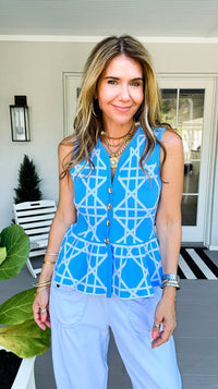Button Front Peplum Top - Blue