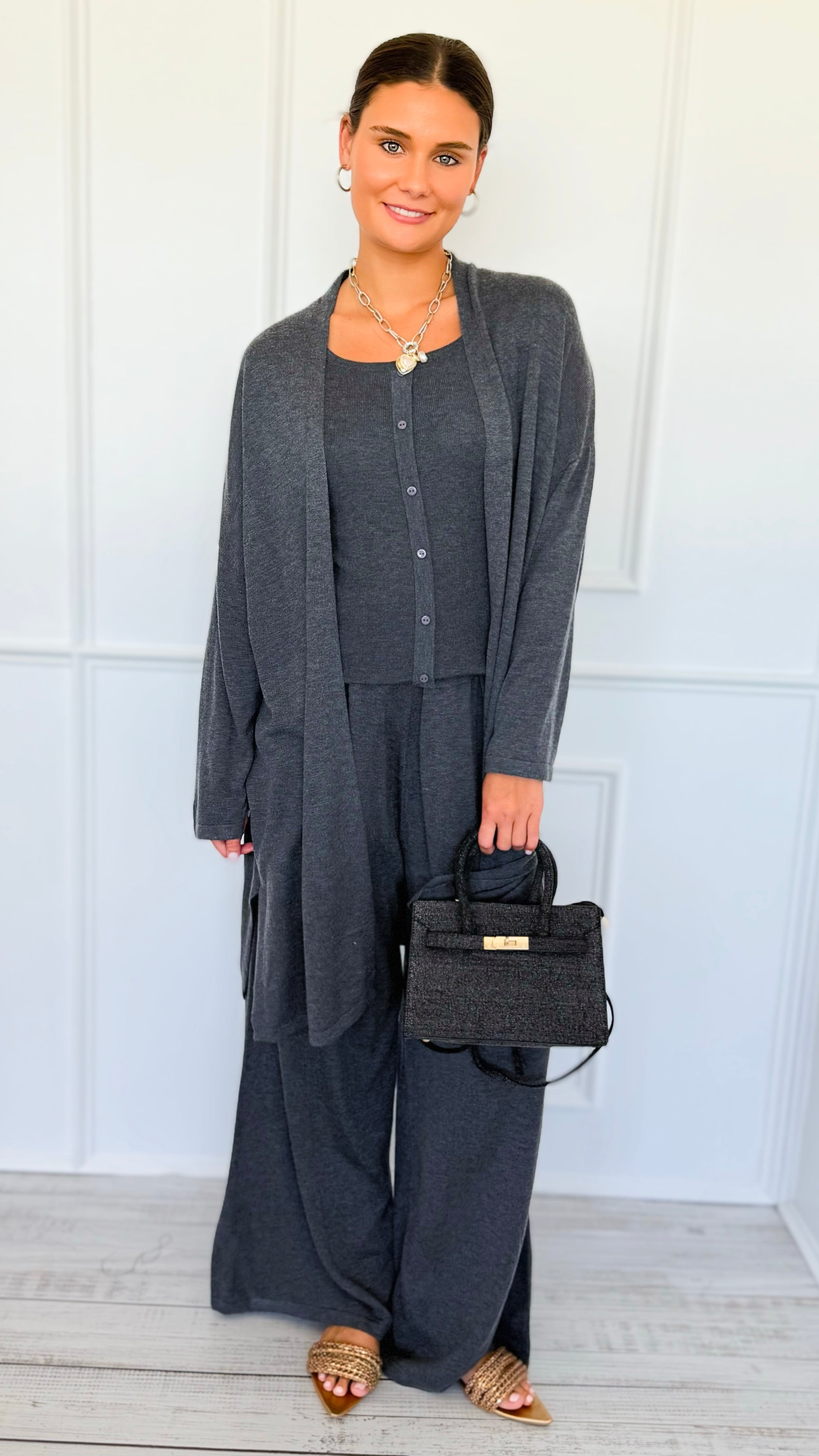 Triple Play 3 Pieces Italian Set- Dark Gray-210 Loungewear/Sets-Italianissimo-Coastal Bloom Boutique, find the trendiest versions of the popular styles and looks Located in Indialantic, FL