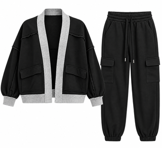 Contrast Trim Jogger Set - Black