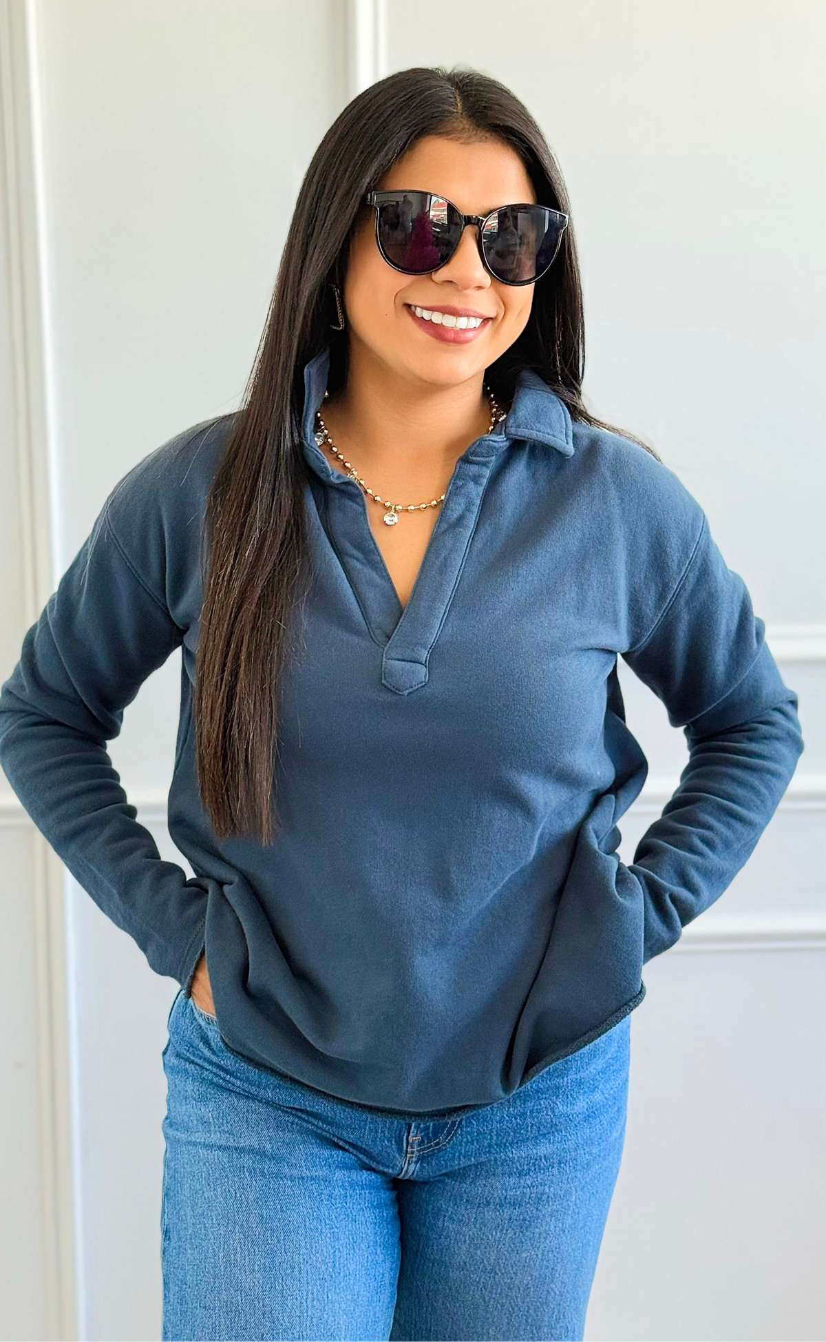 Eileen Cozy Lounge Collar Pullover Top - Midnight Navy-110 Long Sleeve Tops-MONO B-Coastal Bloom Boutique, find the trendiest versions of the popular styles and looks Located in Indialantic, FL