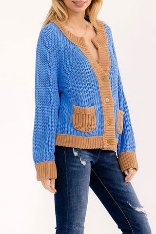 Contrast Pocket Cardigan - Blue/Camel