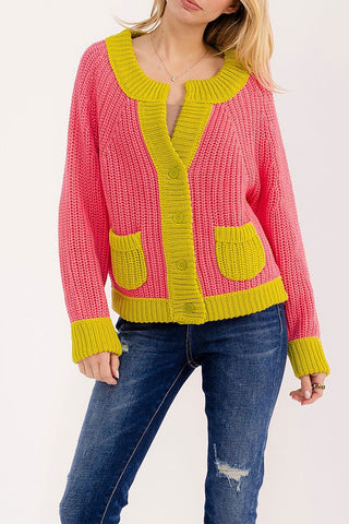 Contrast Pocket Cardigan - Pink/Green
