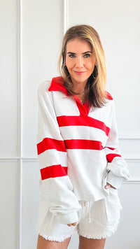 Striped Collared Neck Top - Red-130 Long Sleeve Tops-BucketList-Coastal Bloom Boutique, find the trendiest versions of the popular styles and looks Located in Indialantic, FL