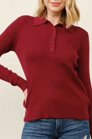 Collared Button Knit Sweater - Burgundy