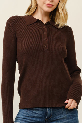 Collared Button Knit Sweater - Brown