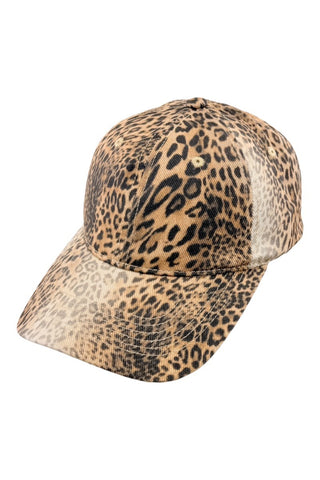 A baseball cap featuring a leopard print pattern in shades of tan, brown, and black, shown against a plain white background.
