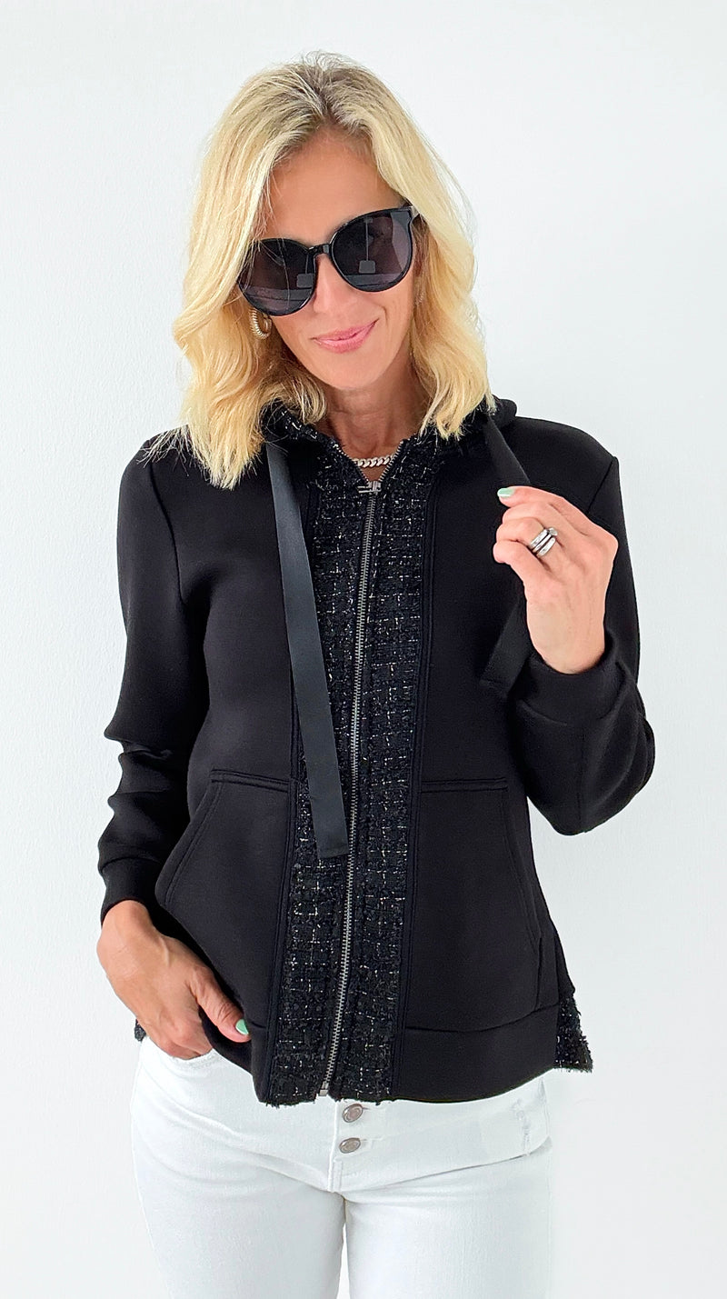 Faiza French Scuba Jacket with Tweed - Black-160 Jackets-Joh Apparel-Coastal Bloom Boutique, find the trendiest versions of the popular styles and looks Located in Indialantic, FL