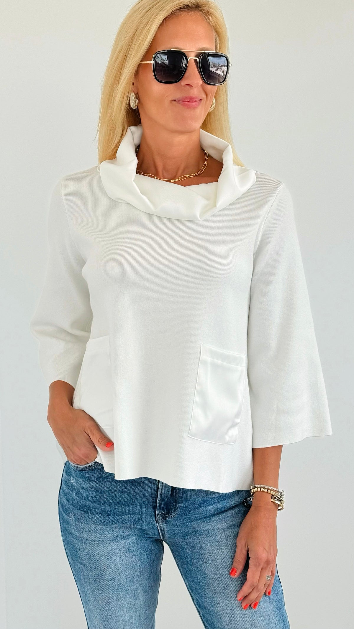 Contrast Satin Cowl Neck Sweater- Off White-130 Long sleeve top-Fate BY LFD-Coastal Bloom Boutique, find the trendiest versions of the popular styles and looks Located in Indialantic, FL