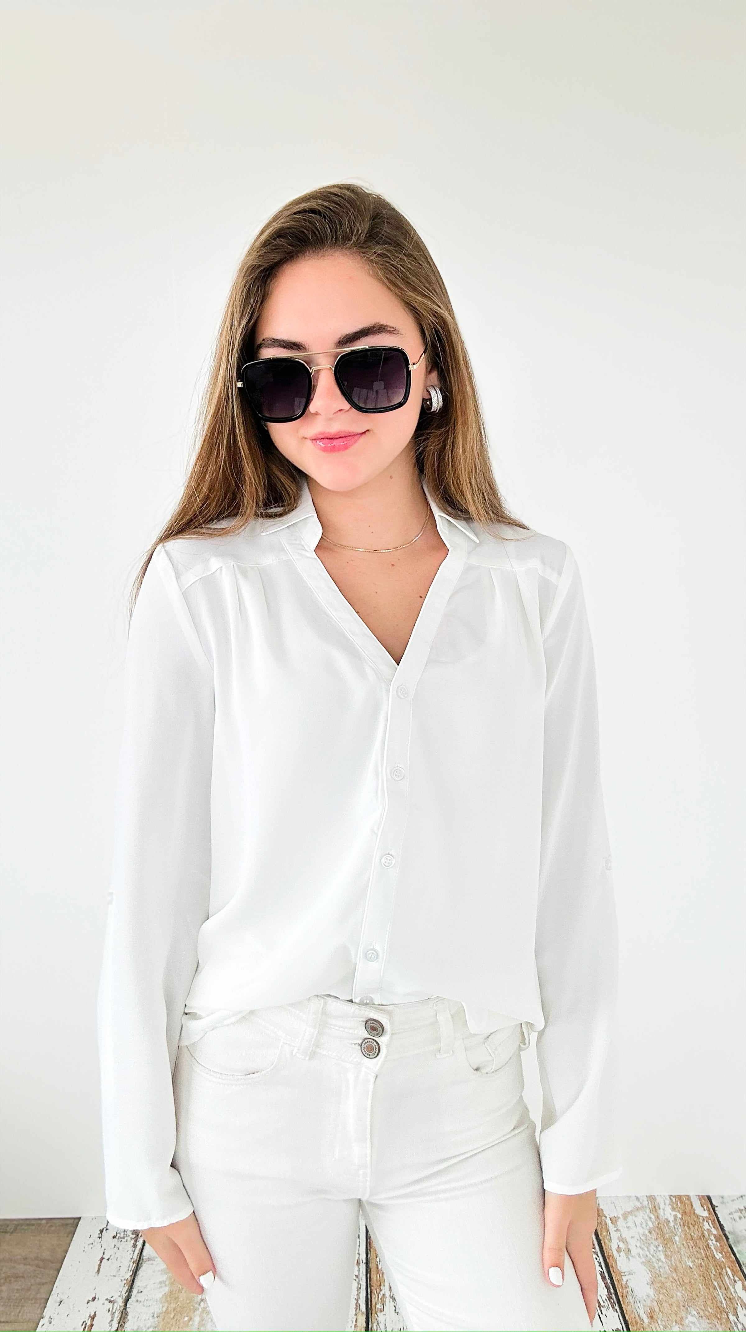 Classic Breeze Roll-Tab Blouse Top - Off White-130 Long sleeve top-Must Have-Coastal Bloom Boutique, find the trendiest versions of the popular styles and looks Located in Indialantic, FL