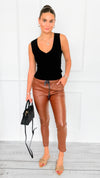 City Lights Faux Leather Italian Jogger- Deep Camel-180 Joggers-SEE YOU IN ROME-Coastal Bloom Boutique, find the trendiest versions of the popular styles and looks Located in Indialantic, FL
