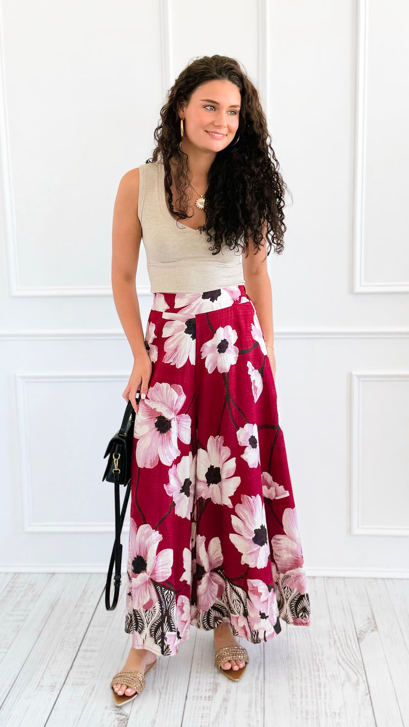 Garden Escape Italian Palazzo Pant- Burgundy-100 Pants-AZUL MONACO-Coastal Bloom Boutique, find the trendiest versions of the popular styles and looks Located in Indialantic, FL