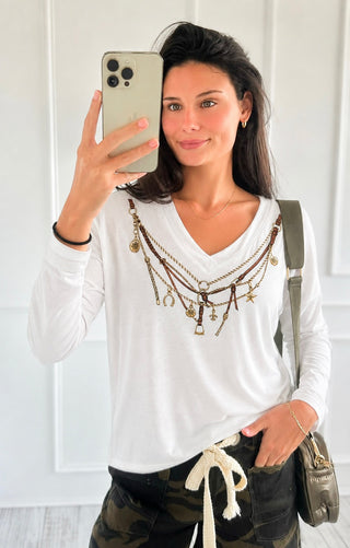 Saddle Charm V- Neck Italian Top- White
