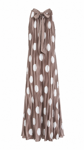Polka Dots Pleated Sleeveless Italian Dress- Mocha