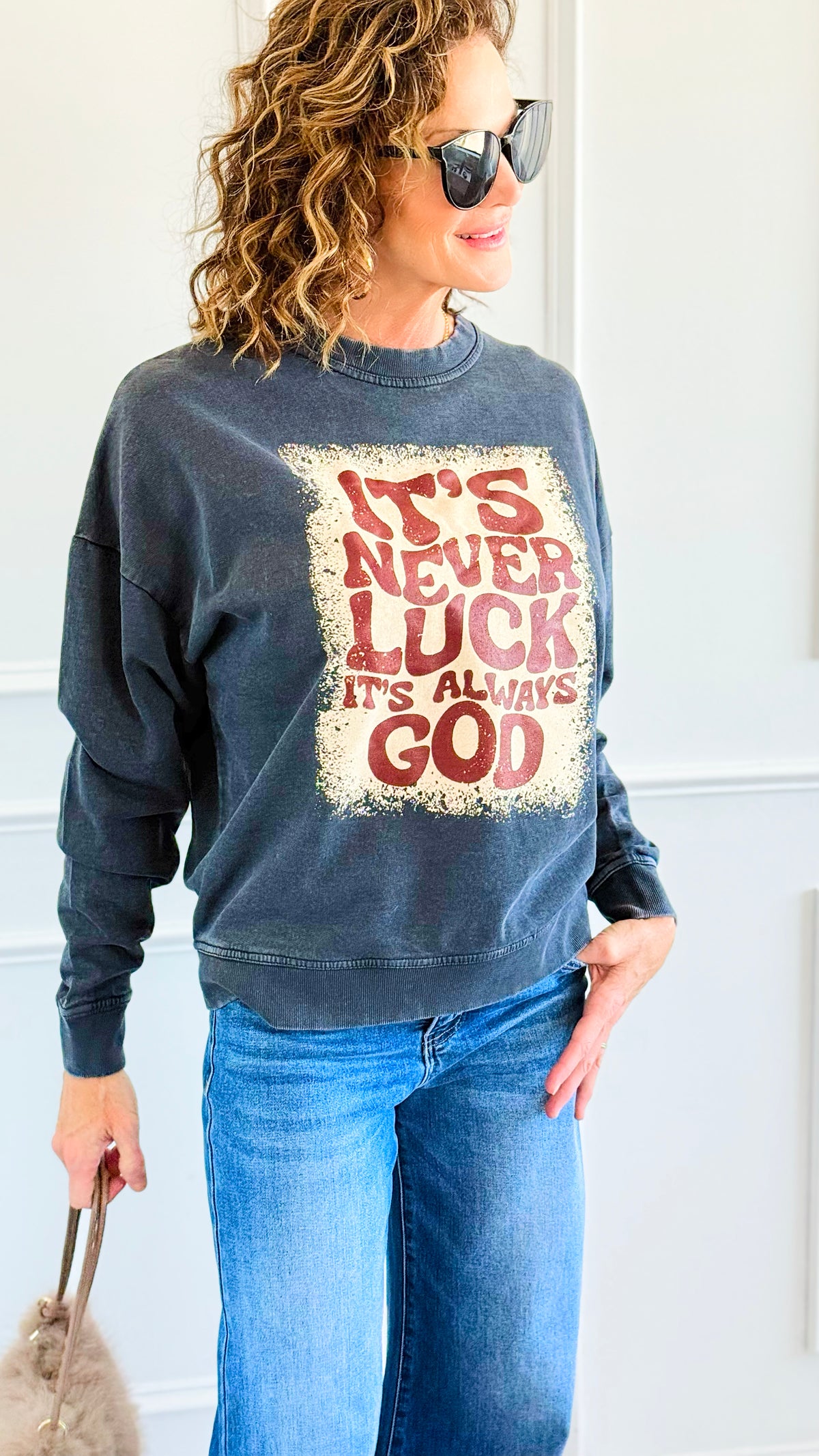Blessed Beyond Luck Italian Sweatshirt-110 Long Sleeve Tops-FIRSTAGE-Coastal Bloom Boutique, find the trendiest versions of the popular styles and looks Located in Indialantic, FL