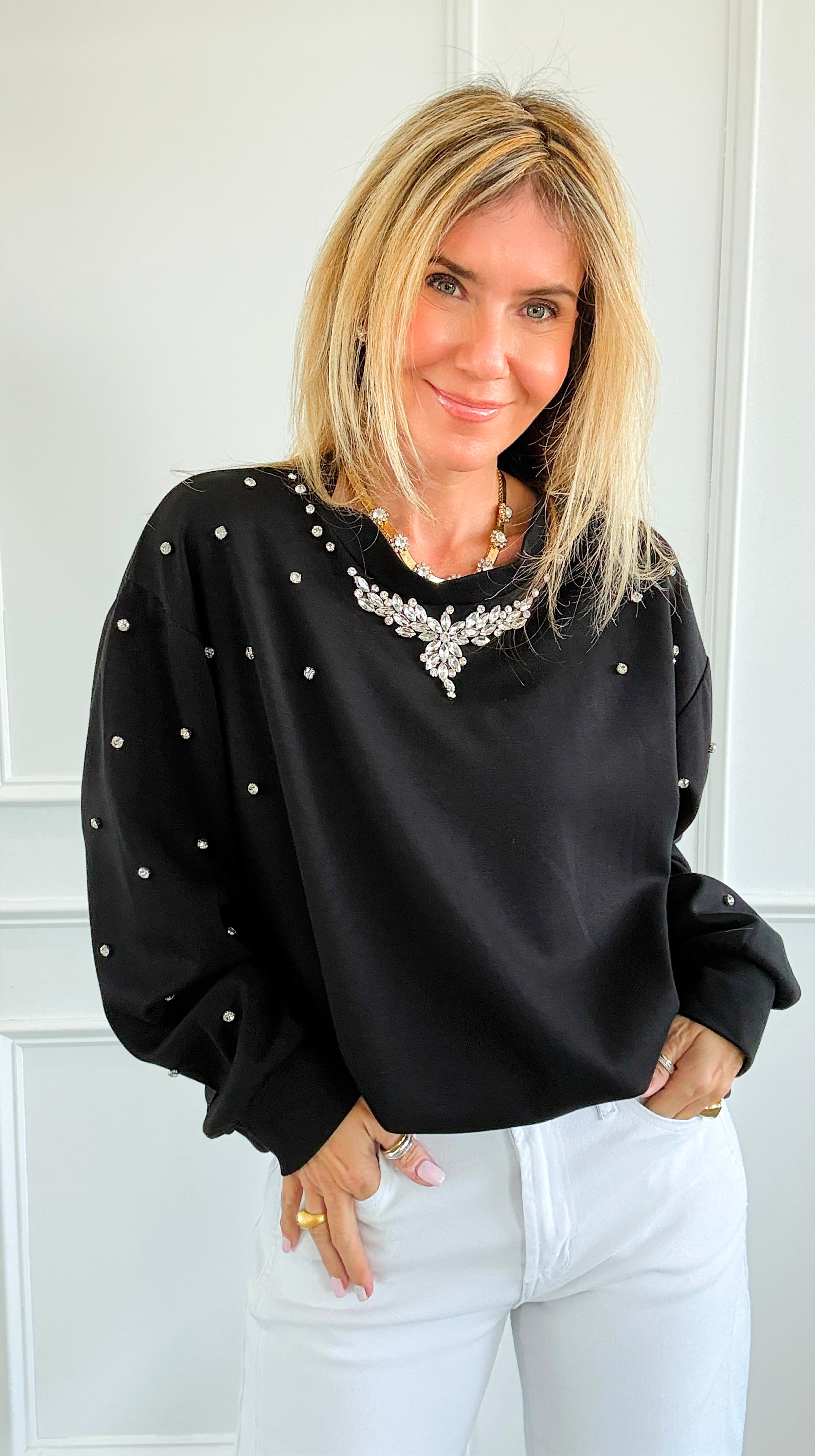 Embellished Detail Italian Sweater- Black