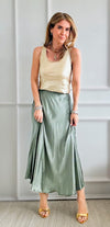 Brooklyn Italian Satin Midi Skirt - Sage-170 Bottoms-Germany-Coastal Bloom Boutique, find the trendiest versions of the popular styles and looks Located in Indialantic, FL