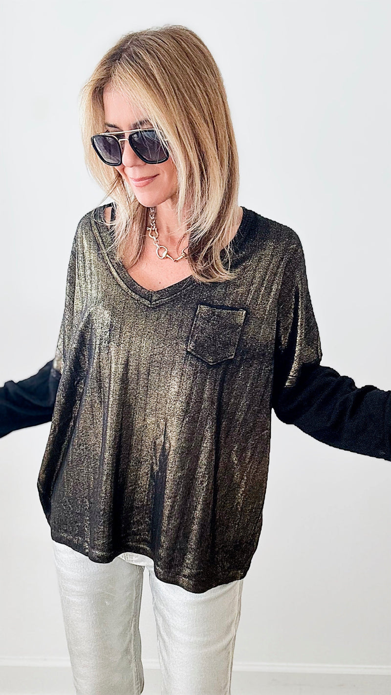 Shimmer and Shine V-Neck Italian Ribbed Pullover - Black-140 Sweaters-Germany-Coastal Bloom Boutique, find the trendiest versions of the popular styles and looks Located in Indialantic, FL