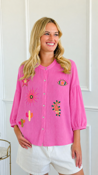 Sun Moon Magic Embroidered Italian Button Top