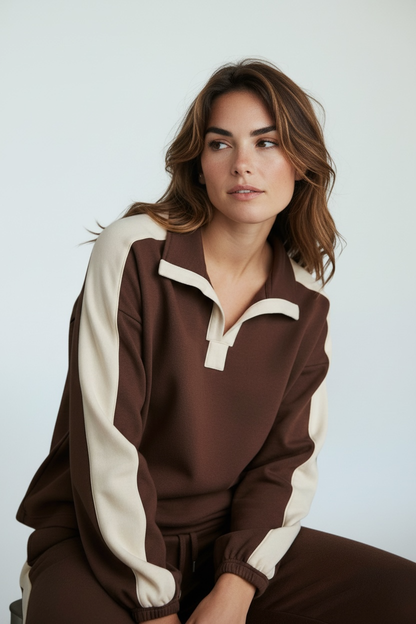 Contrast Lounge Quarter-Zip Top -Brown-110 Long Sleeve Tops-JODIFL-Coastal Bloom Boutique, find the trendiest versions of the popular styles and looks Located in Indialantic, FL
