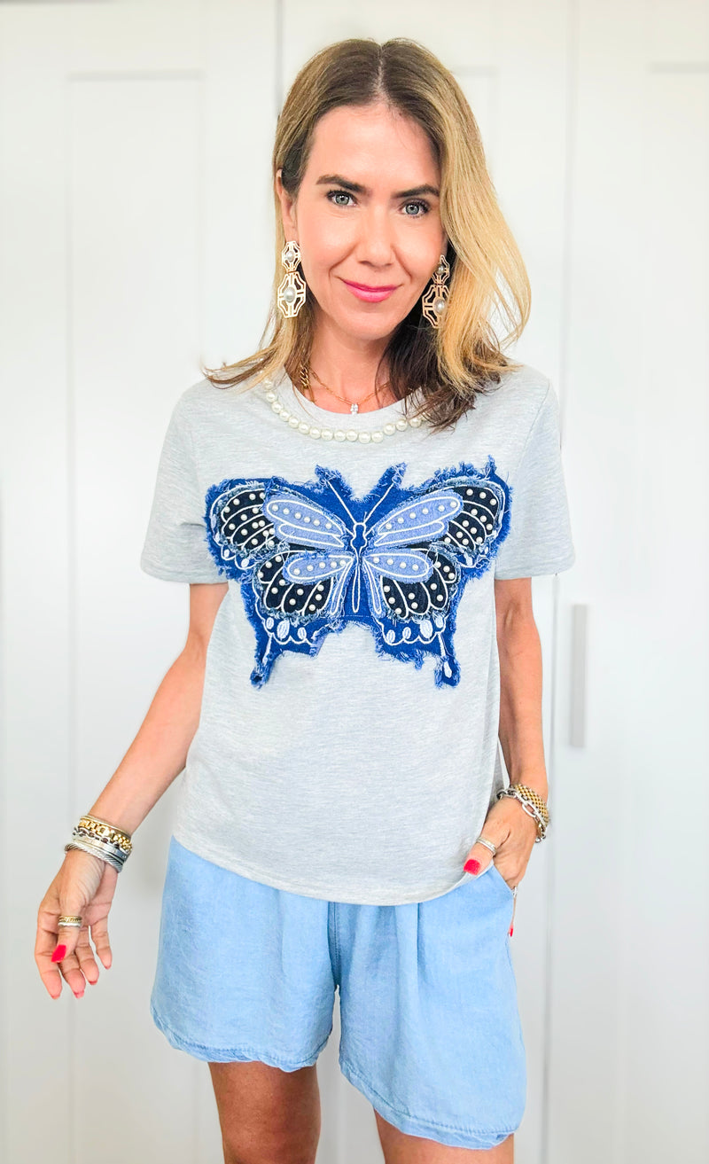 Pearled Neckline Butterfly Applique T-Shirt - Grey-110 Short Sleeve Tops-JJ'S FAIRYLAND-Coastal Bloom Boutique, find the trendiest versions of the popular styles and looks Located in Indialantic, FL
