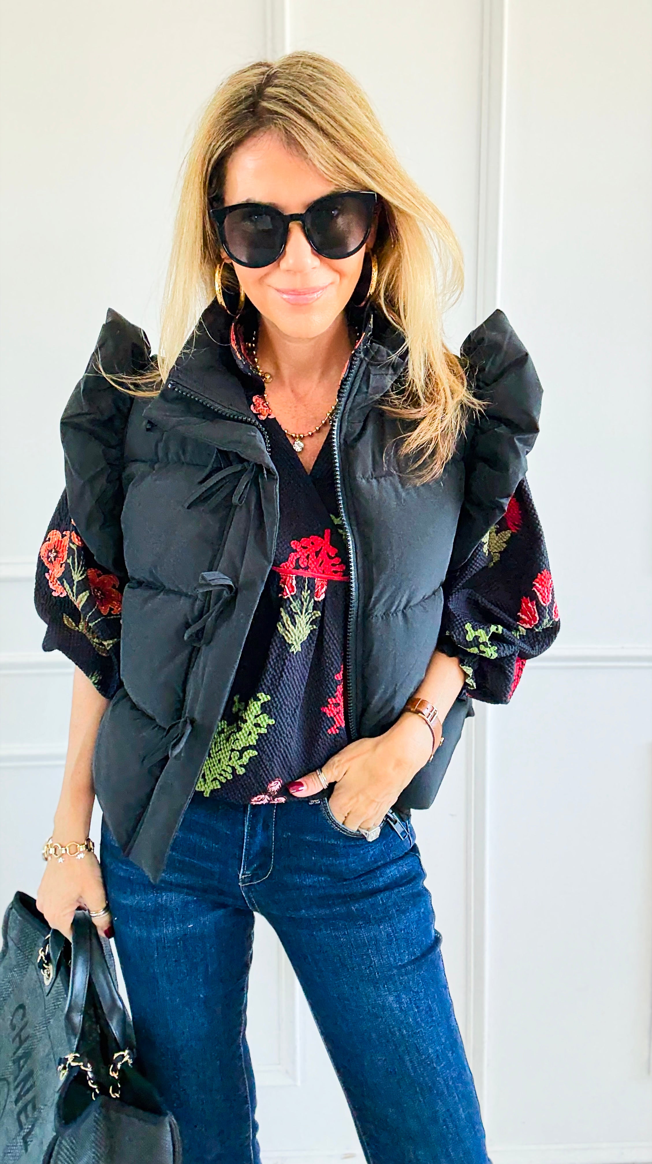 Ruffle & Ready Bow Puffer Vest - Black-vest-Jodifl-Coastal Bloom Boutique, find the trendiest versions of the popular styles and looks Located in Indialantic, FL