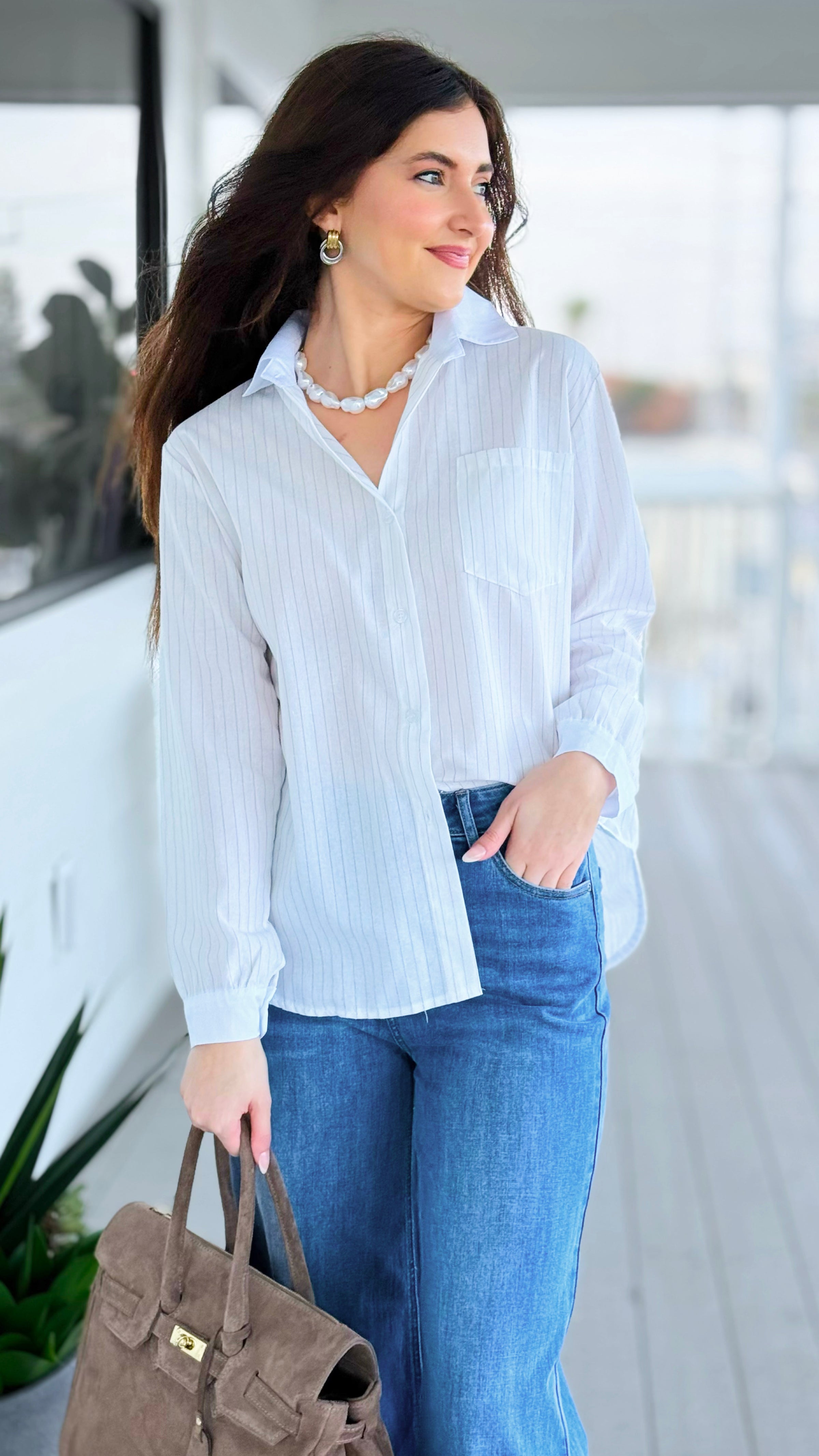 Perfectly Striped Italian Button Top- White/Beige