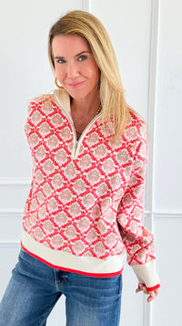 Tri-Bloom Zip Mock Sweater-Cream/Orange-140 Sweaters-&MERCI-Coastal Bloom Boutique, find the trendiest versions of the popular styles and looks Located in Indialantic, FL