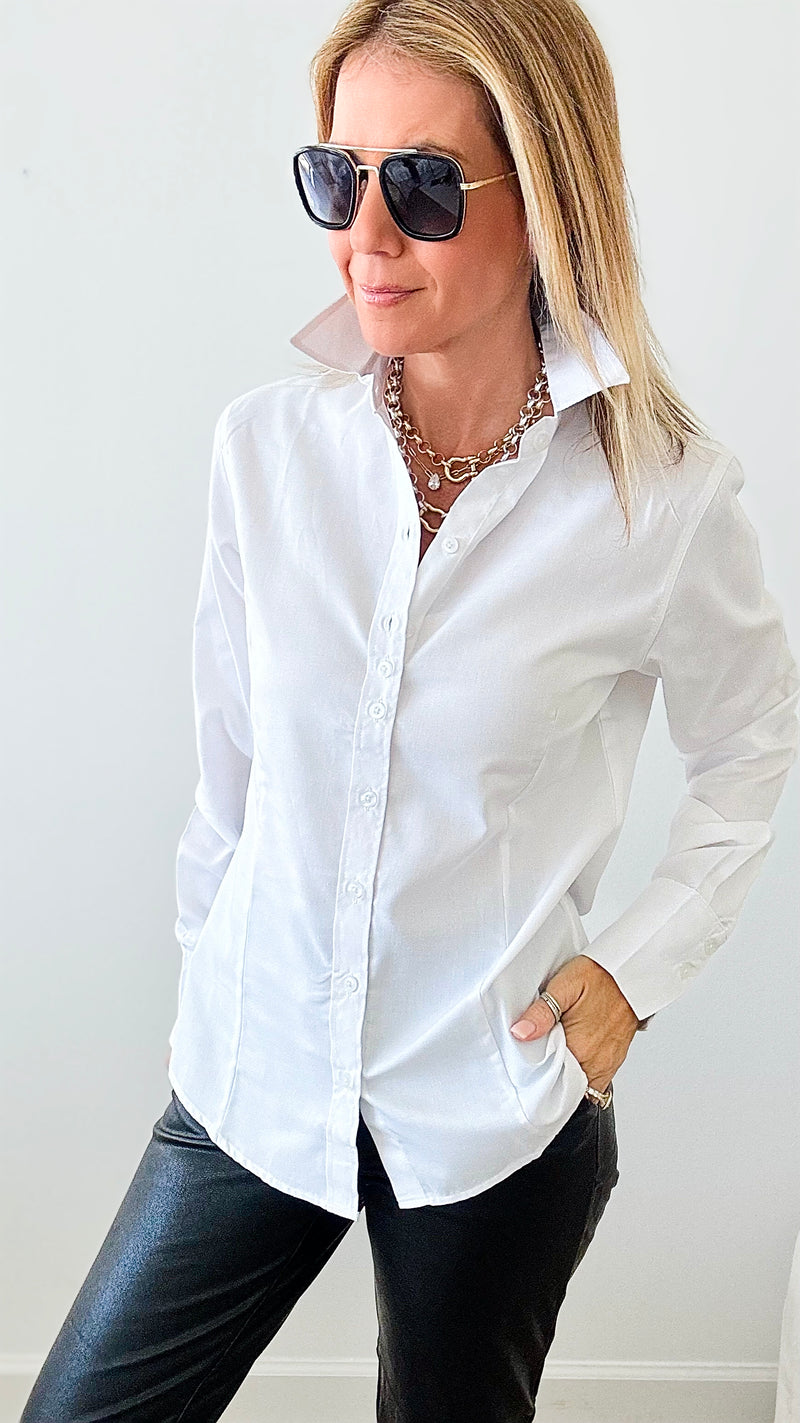 All White Classic Long Sleeve Shirt-130 Long Sleeve Tops-Grenouille-Coastal Bloom Boutique, find the trendiest versions of the popular styles and looks Located in Indialantic, FL