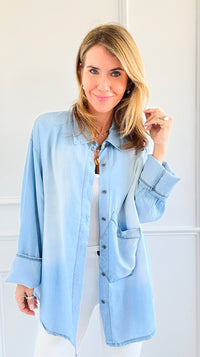 Stardust Button-Up Denim Blouse-110 Long Sleeve Tops-VENTI6 OUTLET-Coastal Bloom Boutique, find the trendiest versions of the popular styles and looks Located in Indialantic, FL