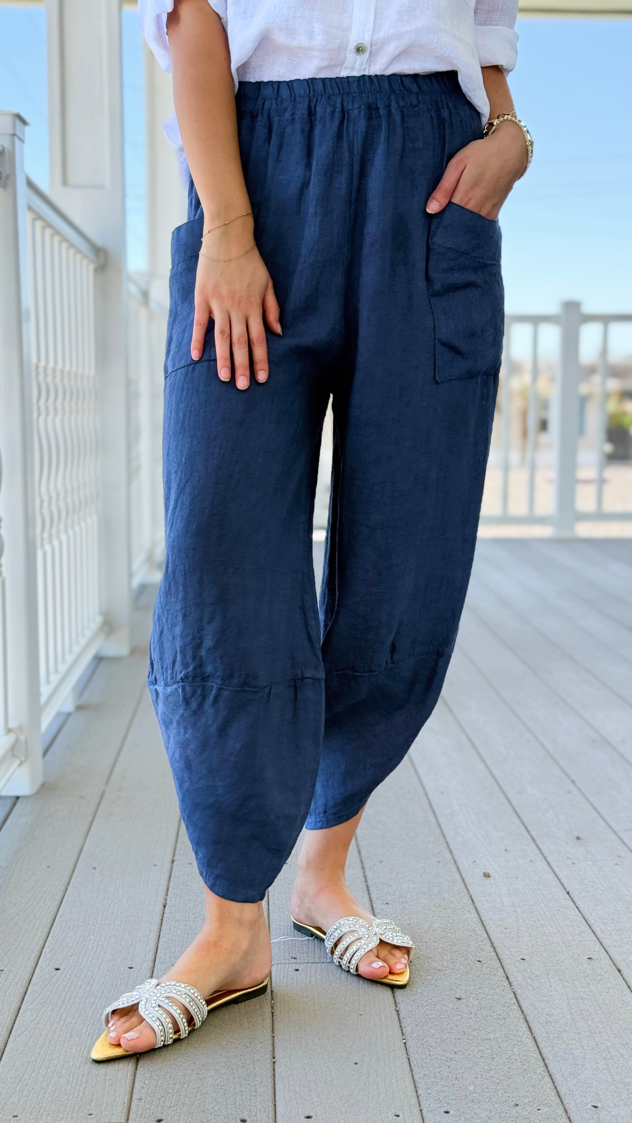 La Spezia Barrel Linen Italian Pant- Denim Blue