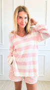 Striped V-Neck Sweater - L.Pink-140 Sweaters-Miracle-Coastal Bloom Boutique, find the trendiest versions of the popular styles and looks Located in Indialantic, FL