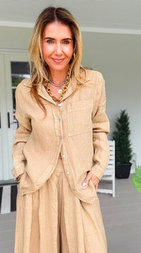 Tuscany Linen Italian Button Top- Light Camel