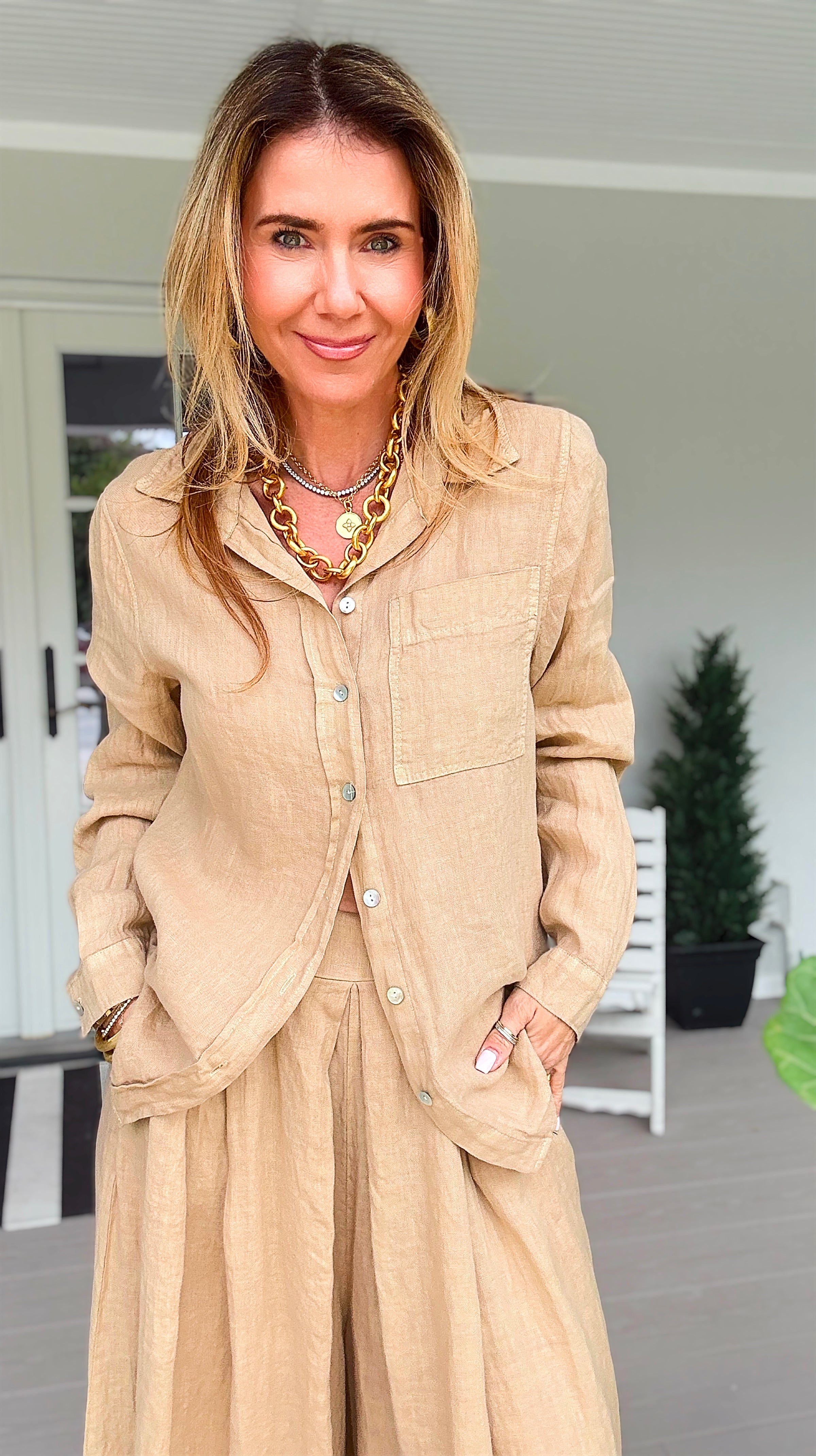 Tuscany Linen Italian Button Top- Light Camel