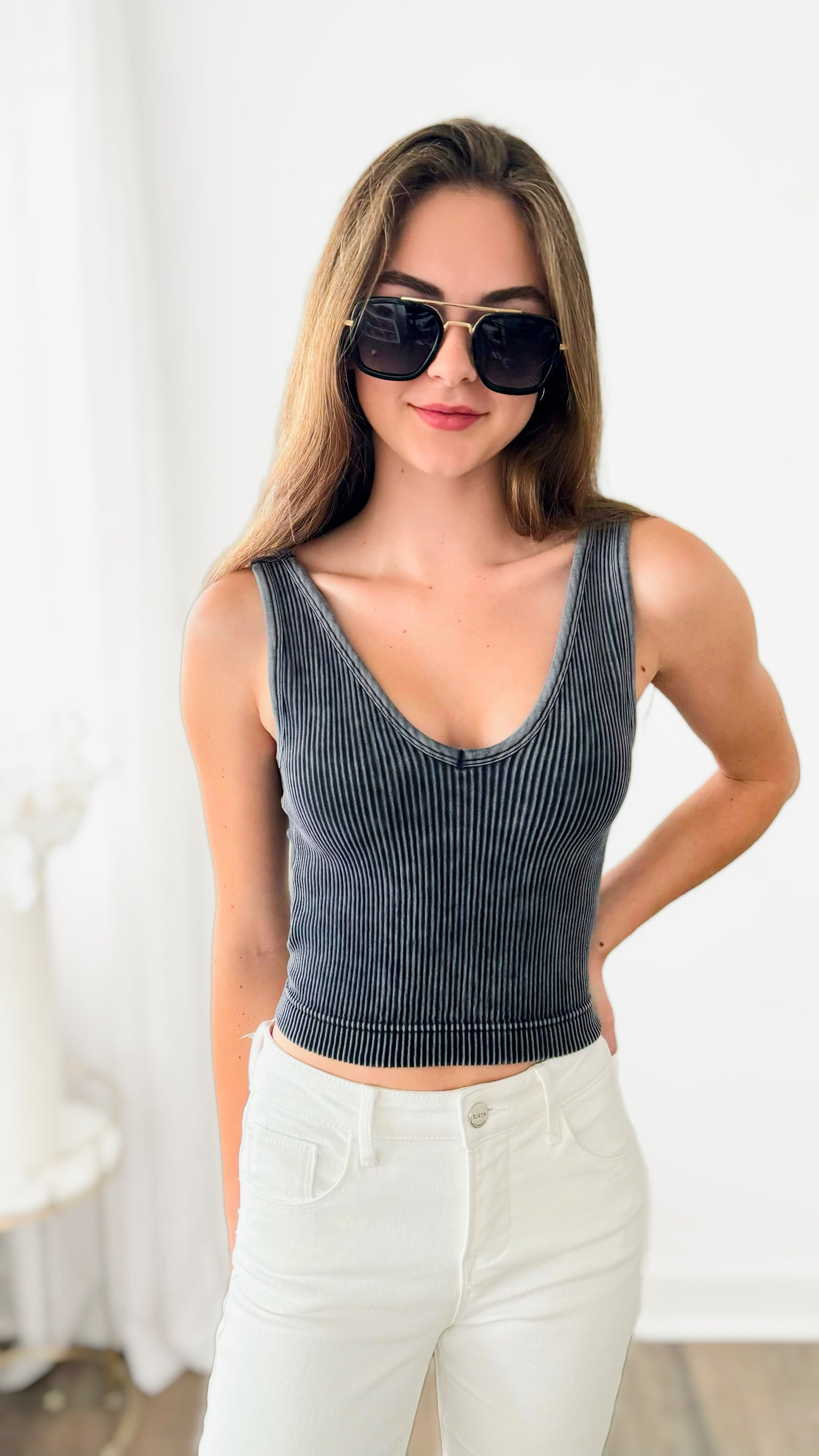 Washed Ribbed Bra Padded Tank Top - Ash Black-220 Intimates-Zenana-Coastal Bloom Boutique, find the trendiest versions of the popular styles and looks Located in Indialantic, FL