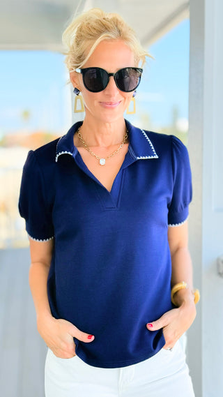 Classic Comfort Collared Top - Navy