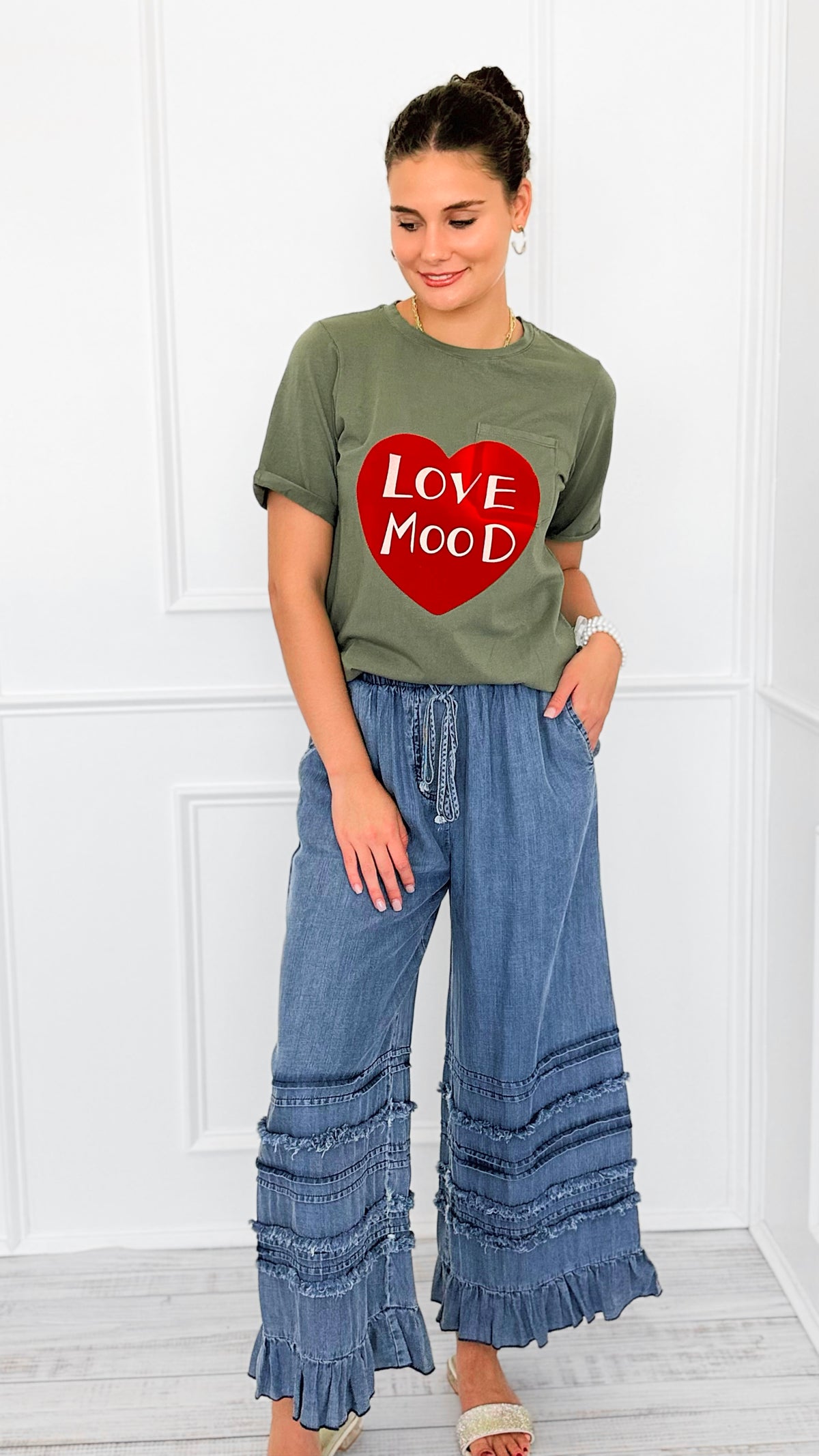 Ruffle Drift Drawcord Tencel Pant-Dk.Denim-100 Pants-EASEL-Coastal Bloom Boutique, find the trendiest versions of the popular styles and looks Located in Indialantic, FL