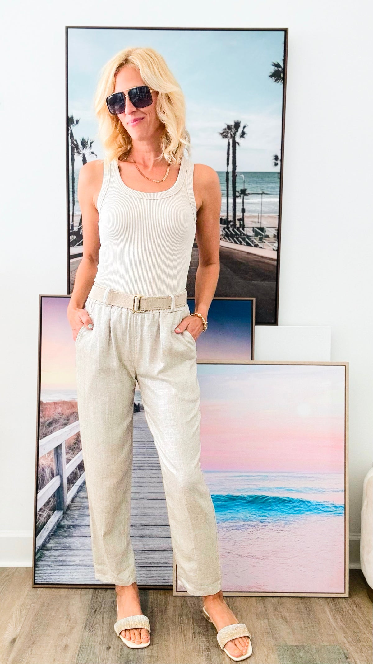 Luminescent Linen Italian Pant - Beige/Silver-pants-Germany-Coastal Bloom Boutique, find the trendiest versions of the popular styles and looks Located in Indialantic, FL