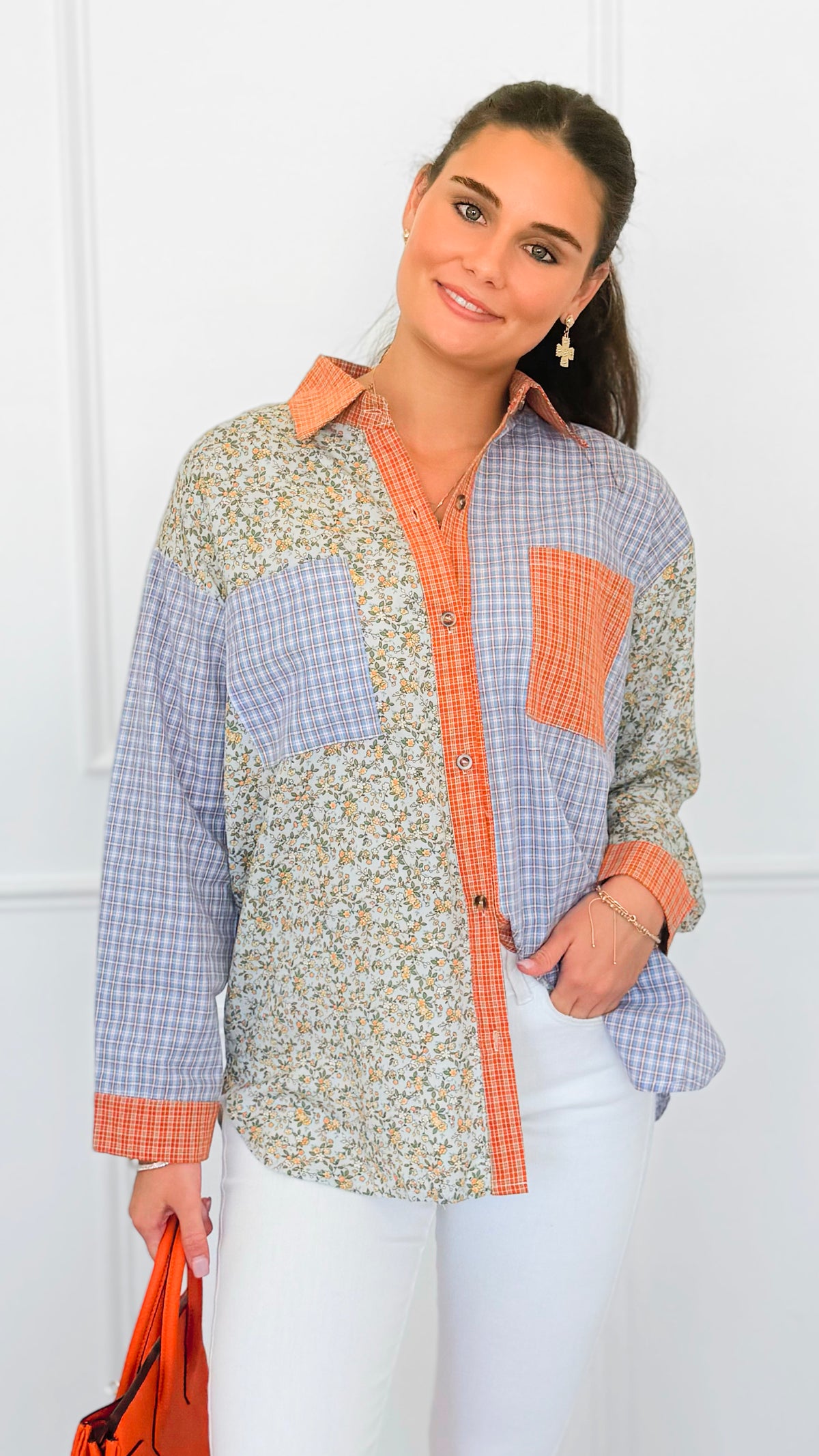 Sunset Picnic Button-Down Top-130 Long Sleeve Tops-ROUSSEAU-Coastal Bloom Boutique, find the trendiest versions of the popular styles and looks Located in Indialantic, FL